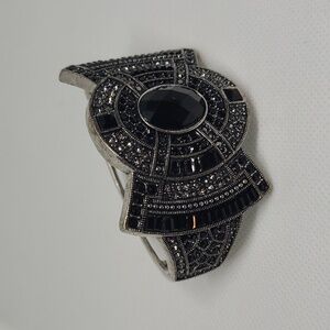 YUHONG Signed Vintage Silver Tone Black Rhinestone Hinged Cuff Bracelet